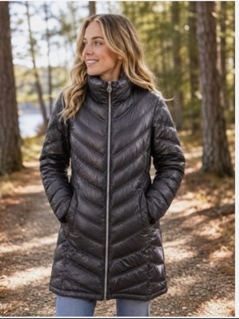 Calvin Klein Black Quilted Long Puffer Coat w/ removable hood, small